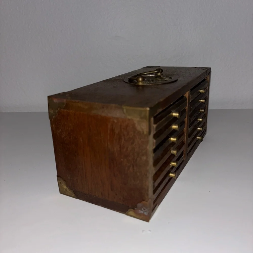 Vintage Oriental Wooden Coaster Set of 12 in Tansu Chest Box with Metal Hardware - Picture 5 of 5